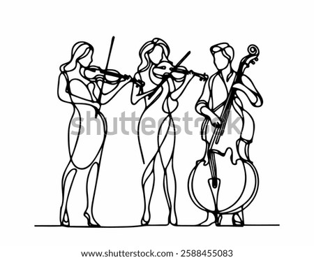 Continuous line drawing minimalist musicians violinists cellist ensemble