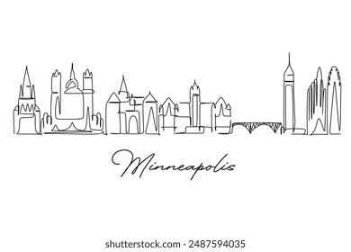 durchgehende Linienzeichnung der Skyline von Minneapolis. Historische Stadtlandschaft. Beste Urlaubsziel Haus Wand Dekor Poster Druckkunst. Trendy kontinuierliche Linie zeichnen Design Vektorillustration