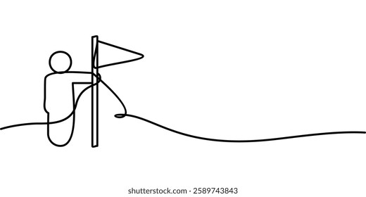 continuous line drawing of mission or goal icon of person holding flag. abstract line art illustration