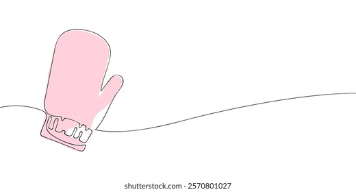 Continuous line drawing of a mitten with flowing line on a white background. Minimalist black and white vector illustration in color. Winter clothing outline for design and print.