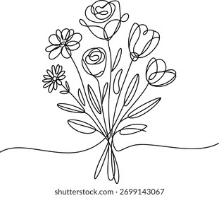 Continuous line drawing of a mixed flower bouquet single line