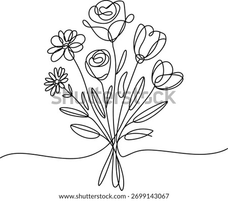 Continuous line drawing of a mixed flower bouquet single line