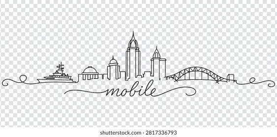 Continuous line drawing of the Mobile, Alabama city skyline featuring the RSA Battle House Tower and the USS Alabama battleship, isolated on white background.