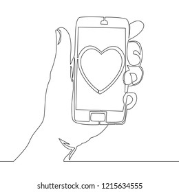 Continuous line drawing mobile phone with heart icon Valentine icon vector illustration concept