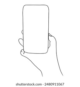 continuous line drawing of mobile phone in hand isolated on transparent background. Vector illustration