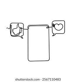 continuous line drawing mobile phone with like and love sign illustration