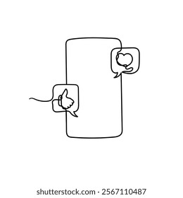 continuous line drawing mobile phone with like and love sign illustration