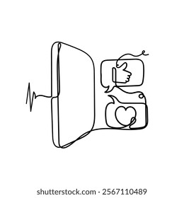 continuous line drawing mobile phone with like and love sign illustration