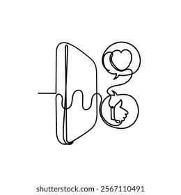 continuous line drawing mobile phone with like and love sign illustration