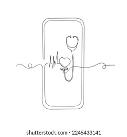 continuous line drawing mobile screen with stethoscope symbol for medical mobile illustration