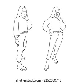 Dibujo continuo de línea de modelo con el teléfono en fondo blanco. Niña en ropa posando. Ilustración de vector de contorno