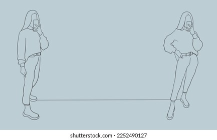 Dibujo continuo de líneas de modelos con teléfono en fondo azul. Chicas posando en ropa. Ilustración de vector de contorno