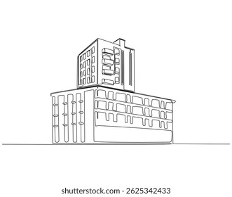 Continuous line drawing of modern building. Single line illustration of building. Business concept. Editable outline