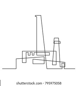 Continuous Line Drawing. Modern Building Construction. Modern Industry. Factory In A Flat Style. Vector Illustration