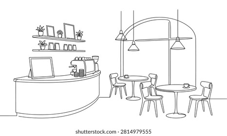 Continuous Line Drawing of Modern Cafe Interior with Counter Coffee Machine Tables and Chairs