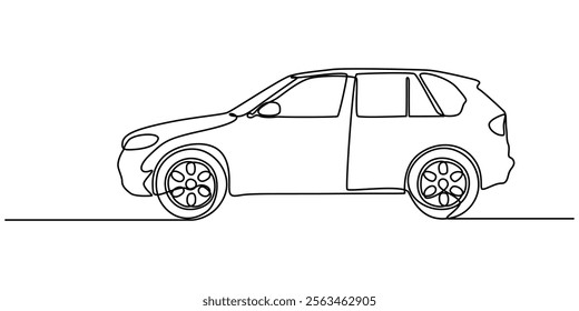 Continuous line drawing of modern car, Abstract small car in continuous line art drawing style. Minimalist black linear sketch isolated on white background vector illustration. Premium pro vector.