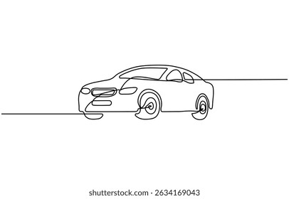 Continuous line drawing of modern car, Abstract small car in continuous line art drawing style. Minimalist black linear sketch, Modern city car continuous one line drawing.