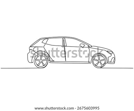 Continuous line drawing of modern car. Single line illustration of modern car side view. Modern auto vehicle concept. Editable outline
