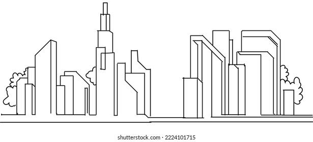 Continuous line drawing of Modern cityscape. Metropolis architecture panoramic landscape, Apartment buildings isolated minimalistic illustration. Single line draw vector illustration