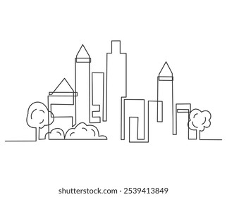 Desenho de linha contínua da paisagem urbana moderna. Arquitetura de metrópole paisagem panorâmica, edifícios de apartamentos ilustrações minimalistas isoladas. 