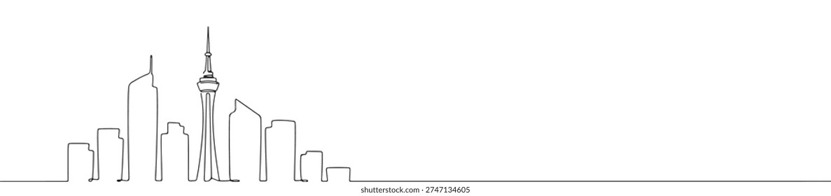 Continuous line drawing of a modern cityscape with tall buildings and a prominent tower, representing urban life and architecture, isolated on a white background.