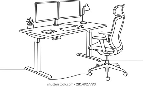 A continuous line drawing of a modern ergonomic home office setup featuring a standing desk, dual monitors, and an office chair.