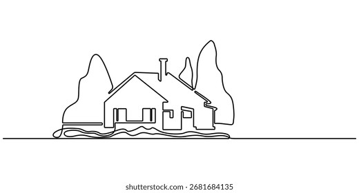 desenho de linha contínua de moderna verde eco modesta casa paisagem urbana. Arquitetura de metrópole paisagem panorâmica, Casa propriedade arquitetônica isolado doodle conceito mínimo. Traçado editável