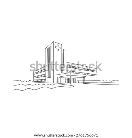 Continuous line drawing of a modern hospital building with a cross symbol