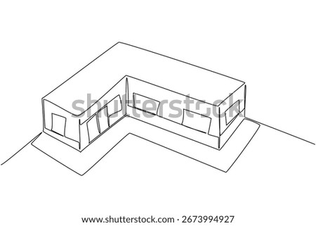 Continuous line drawing of a modern L-shaped house illustrates geometric residential design and eco-roof themes, celebrating World Green Roof Day in a business concept for green architecture.