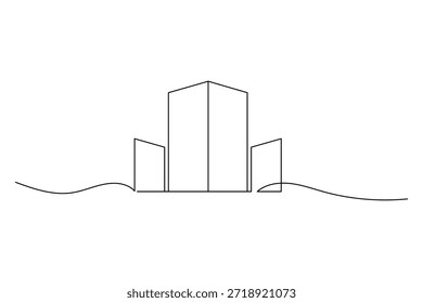 Dibujo de línea continuo de un rascacielos moderno de edificios de oficinas sobre fondo blanco