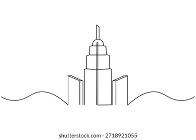 Dibujo de línea continuo de un rascacielos moderno sobre fondo blanco