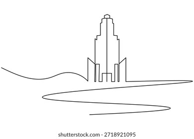 Dibujo de línea continuo de un rascacielos moderno sobre fondo blanco