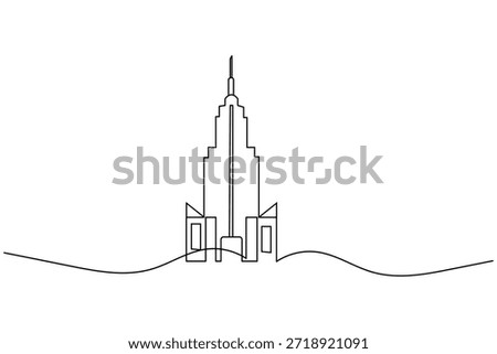 Continuous line drawing of a modern skyscraper building on white background