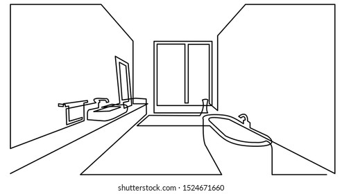 continuous line drawing of modern spacious bathroom