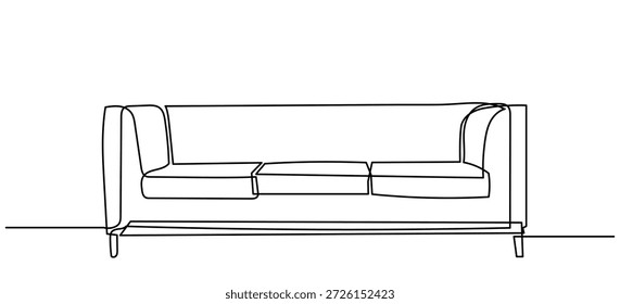 Dibujo de línea continua de un moderno sofá de dos plazas con cojines. Un boceto limpio y elegante en blanco y negro, un solo trazo fluido. Un cómodo sofá en una Ilustración vectorial minimalista.
