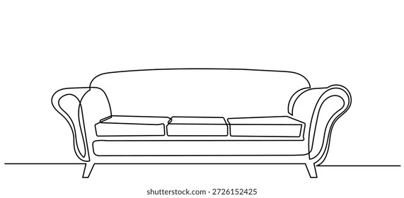 Dibujo de línea continua de un moderno sofá de dos plazas con cojines. Un boceto limpio y elegante en blanco y negro, un solo trazo fluido. Un cómodo sofá en una Ilustración vectorial minimalista.