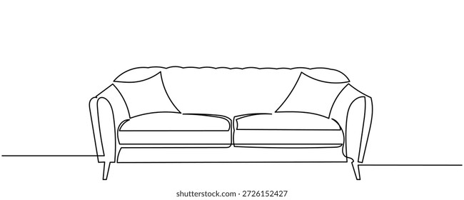 Dibujo de línea continua de un moderno sofá de dos plazas con cojines. Un boceto limpio y elegante en blanco y negro, un solo trazo fluido. Un cómodo sofá en una Ilustración vectorial minimalista.