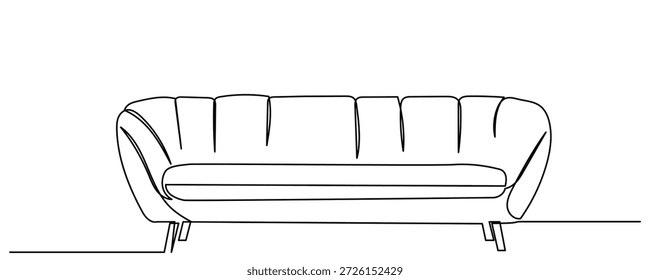 Dibujo de línea continua de un moderno sofá de dos plazas con cojines. Un boceto limpio y elegante en blanco y negro, un solo trazo fluido. Un cómodo sofá en una Ilustración vectorial minimalista.