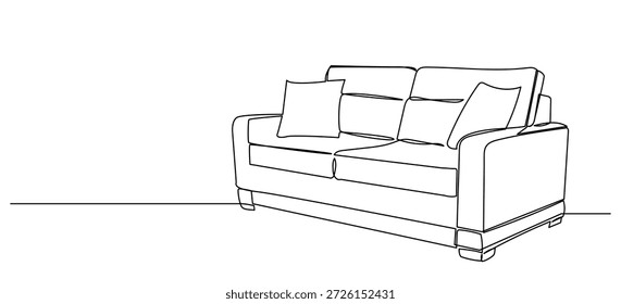 Dibujo de línea continua de un moderno sofá de dos plazas con cojines. Un boceto limpio y elegante en blanco y negro, un solo trazo fluido. Un cómodo sofá en una Ilustración vectorial minimalista.