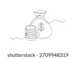 Continuous Line Drawing of Money Bag and Stack of Coins