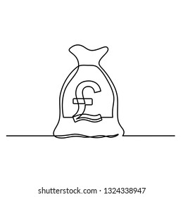 continuous line drawing of money bag, pound sterling icon, currency symbol, investment icon, banking sign, banking cash. vector