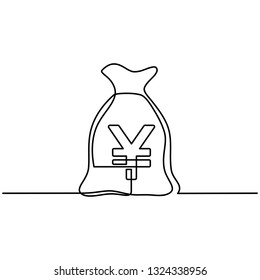 continuous line drawing of money bag, yen icon, currency symbol, investment icon, banking sign, banking cash. vector