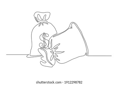 Continuous Line Drawing Of Money Bag. Single One Line Art Of Finance Bank Money Storage And Investment. Vector Illustration