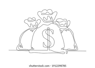 Continuous Line Drawing Of Money Bag. Single One Line Art Of Finance Bank Money Storage And Investment. Vector Illustration