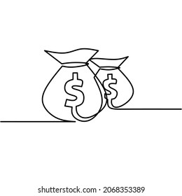 Continuous line drawing of money bag, two design, business income dollars, finance dollar bill, object one line, single line art, vector illustration