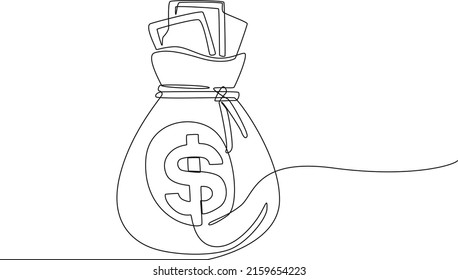 Dibujo continuo de la bolsa de dinero 
 en dólares. Finanzas e Inversión. Ilustración gráfica vectorial de diseño de líneas simples.