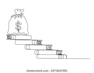 Continuous line drawing of money bag and stack books use as stairs. Stairs books with money bag in the top. Editable outline.