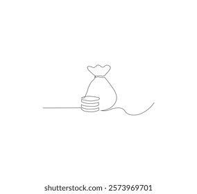 Continuous line drawing of money bag with dollar coins, white background money saving concept, business icon, one line object, single line art, hand drawn vector illustration