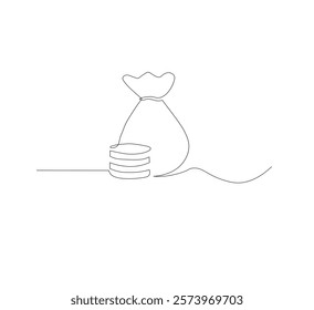 Continuous line drawing of money bag with dollar coins, white background money saving concept, business icon, one line object, single line art, hand drawn vector illustration