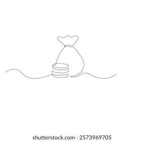 Continuous line drawing of money bag with dollar coins, white background money saving concept, business icon, one line object, single line art, hand drawn vector illustration